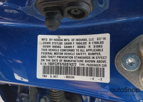 2016 Honda Civic Lx из США, поврежденный, VIN 19XFC2F57GE074372